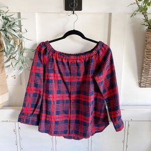 Red and blue plaid off the shoulder top